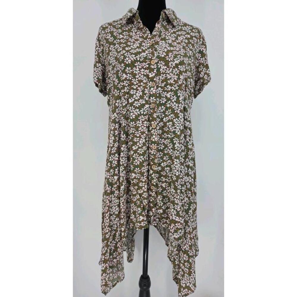 Easel Anthropologie Women's Top Small Green Floral Asymmetrical Blouse Shirt‎